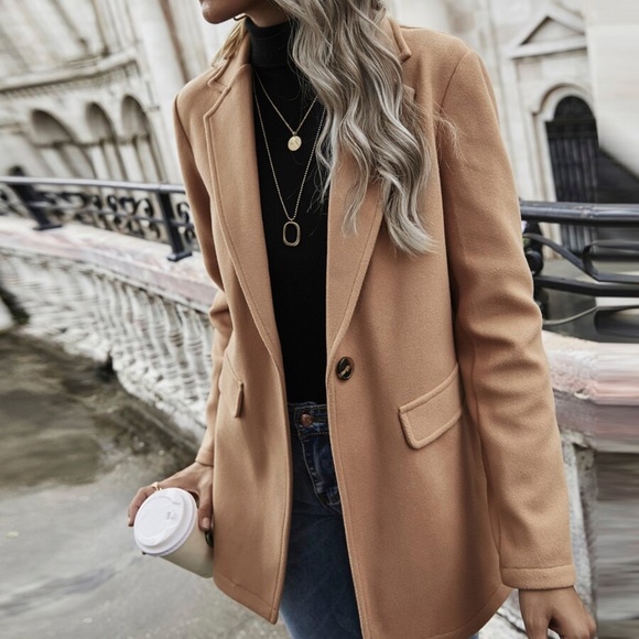 Classic Khaki Tan Button Minimalist Jacket Blazer - Picture 2 of 5